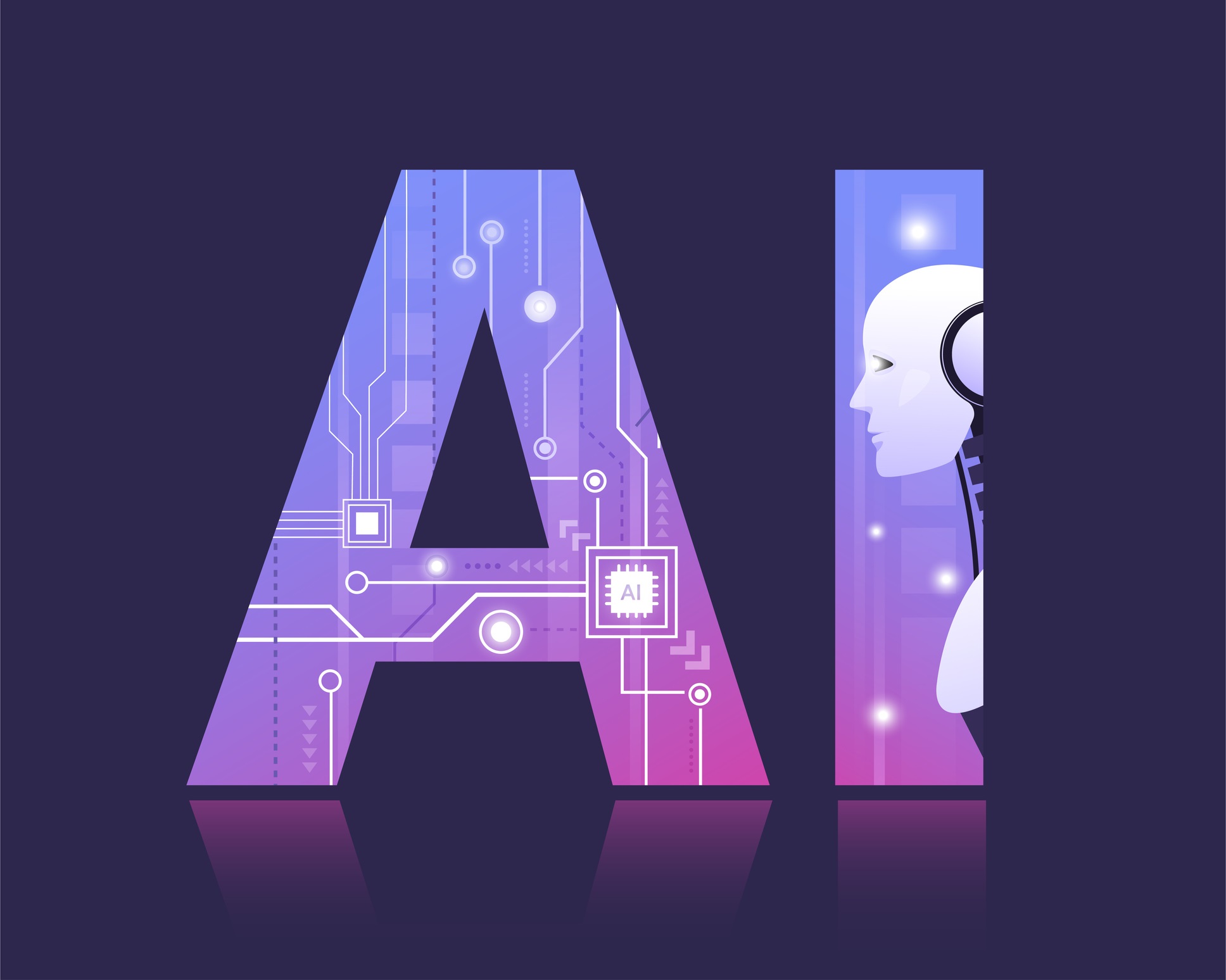 An illustration consisting of purple and white block letters spelling out "AI" and promoting Artificial Intelligence technology for the "New AI Tools" blog.