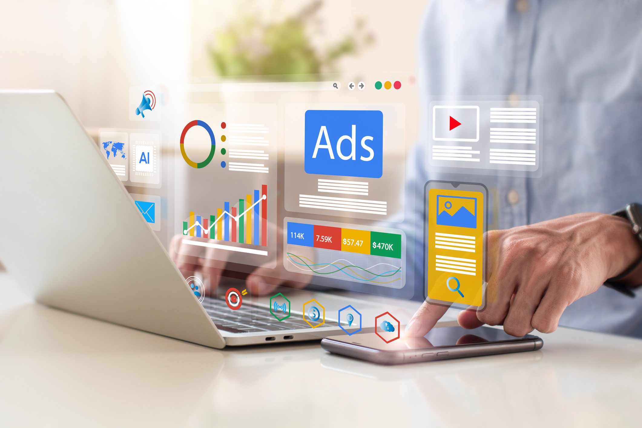 Digital marketing concept of a businessman using laptop with Ads dashboard and AI icon for should-I-let-AI-run-my-google-ads blog.   