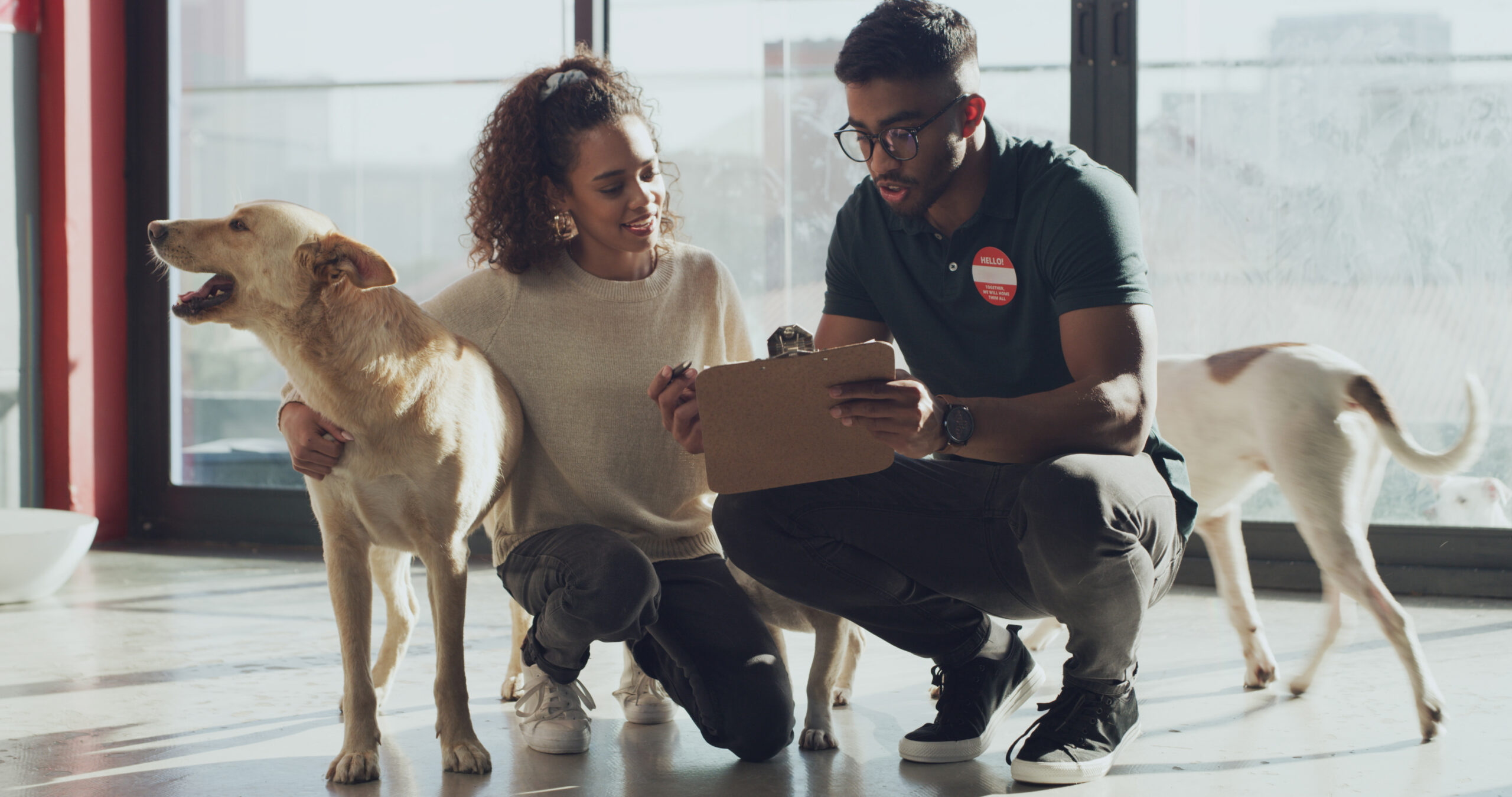 A pet resort team member discusses financing options with a customer for financing-for-dog-training blog.
