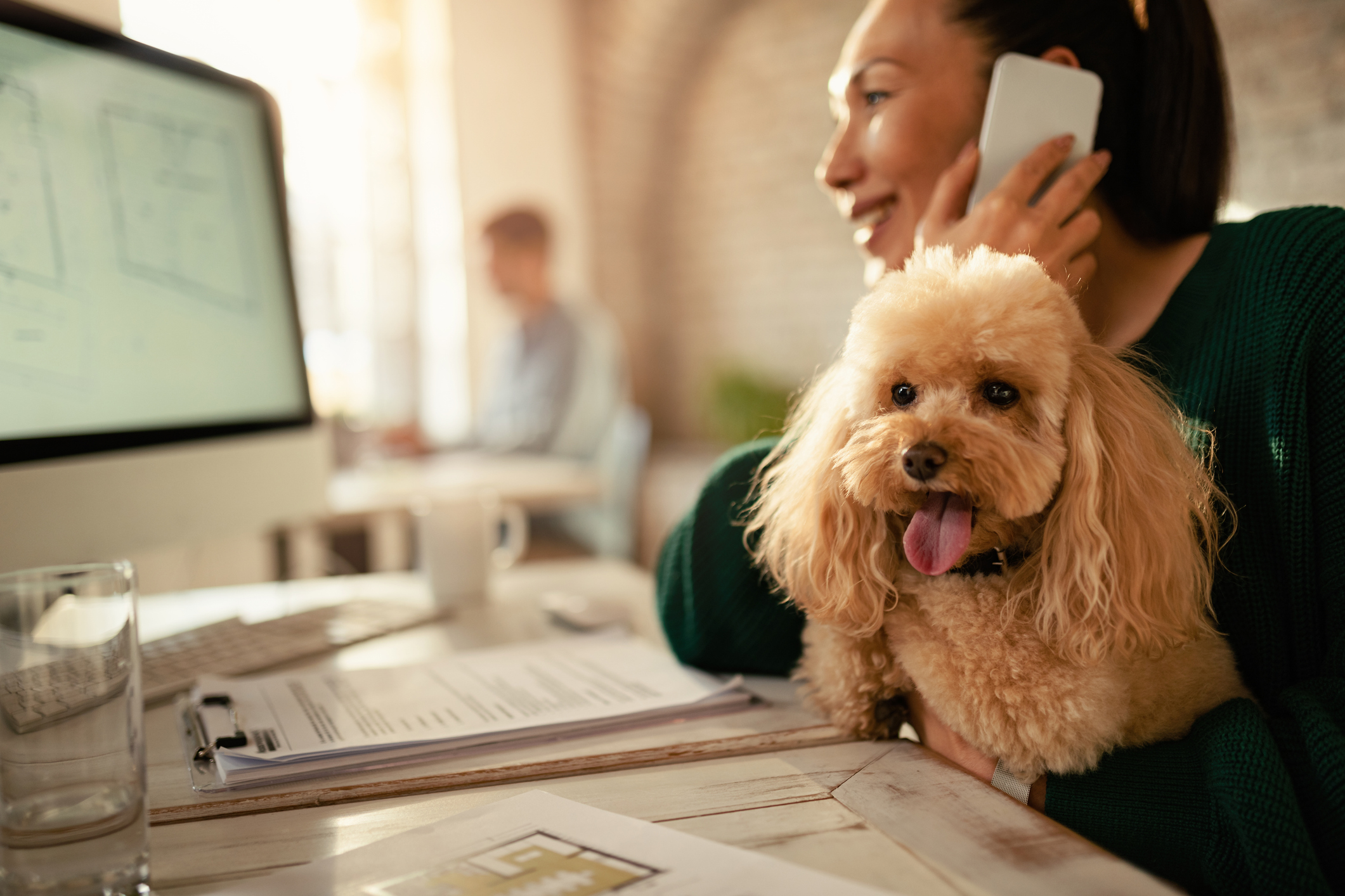 A smiling businesswoman talks on the phone while holding a poodle in the office for Google-Ads-call-recording-settings blog.