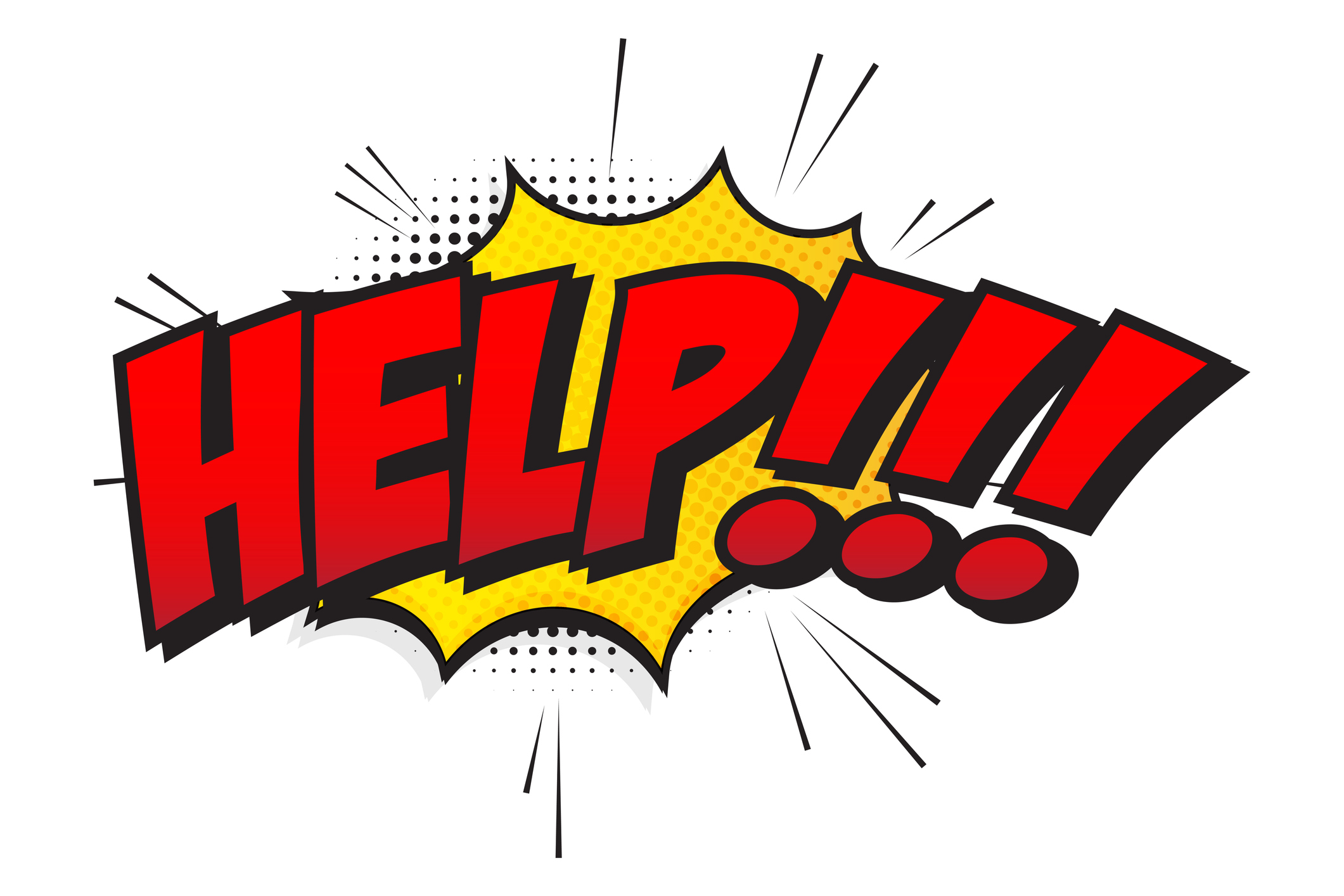 Comic book explosion graphic with HELP!!! in bold red letters for WordPress-page-deleted-by-mistake blog.
