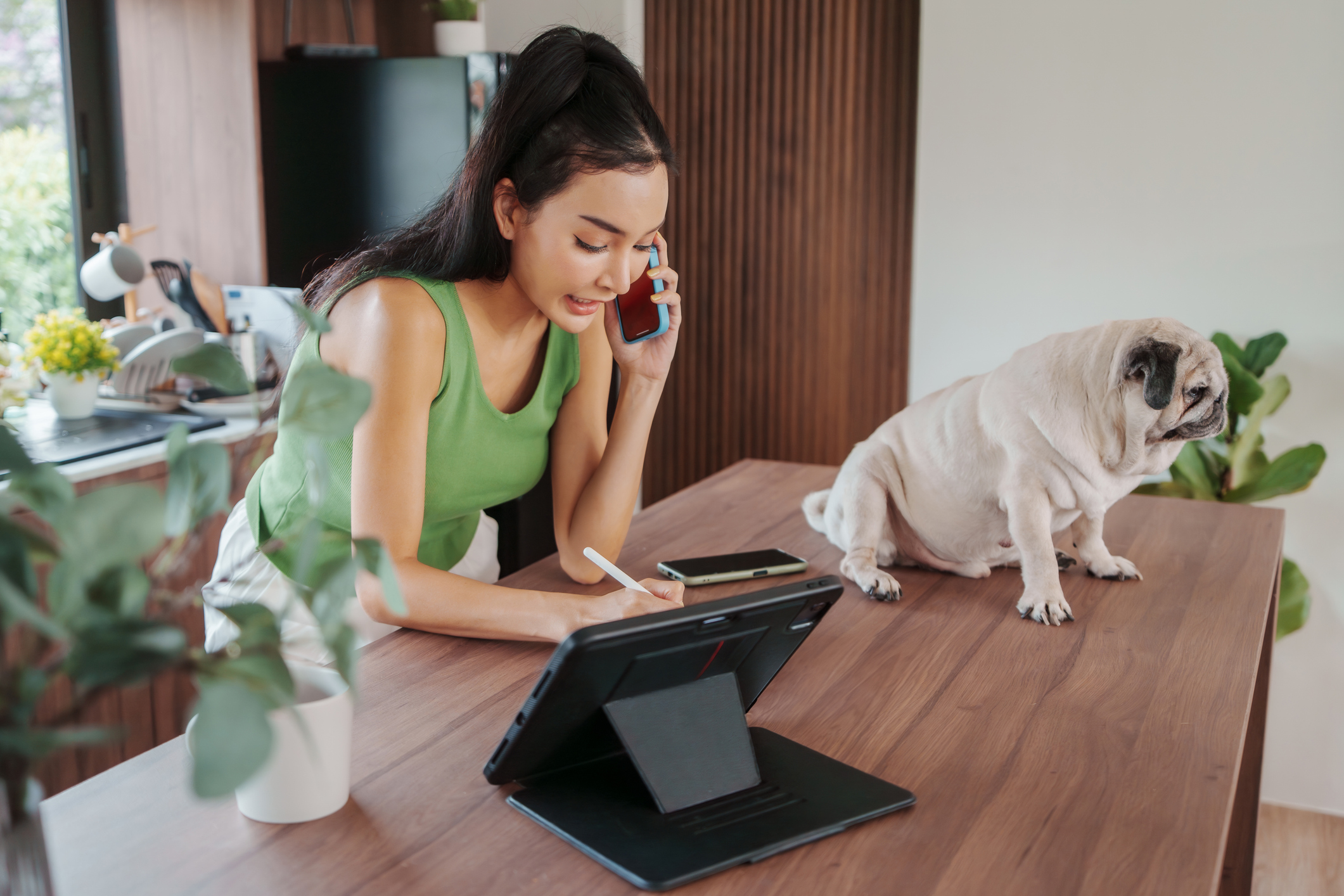 A young Asian woman phones a pet care client as a pug sits nearby for proactive-outreach blog.